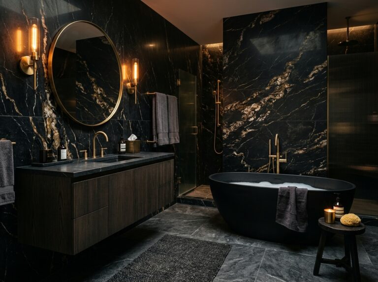 Dark moody bathroom ideas with luxury black decor and elegant design