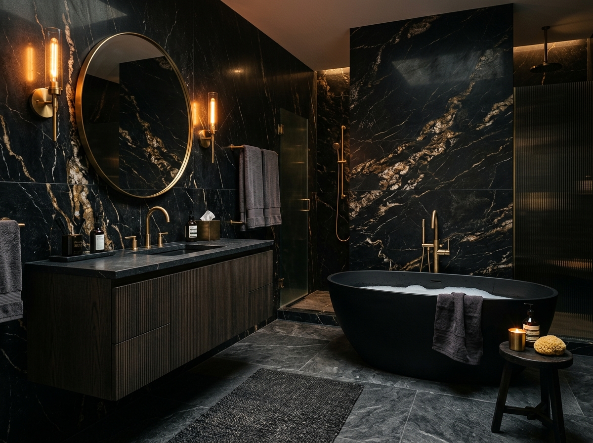 Dark moody bathroom ideas with luxury black decor and elegant design