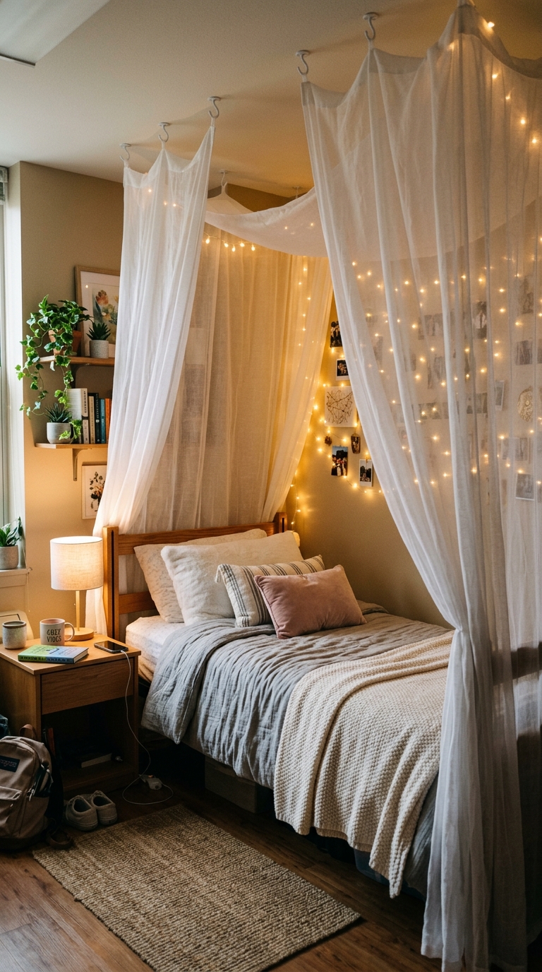 Sheer curtains creating cozy canopy around dorm bed in aesthetic college room