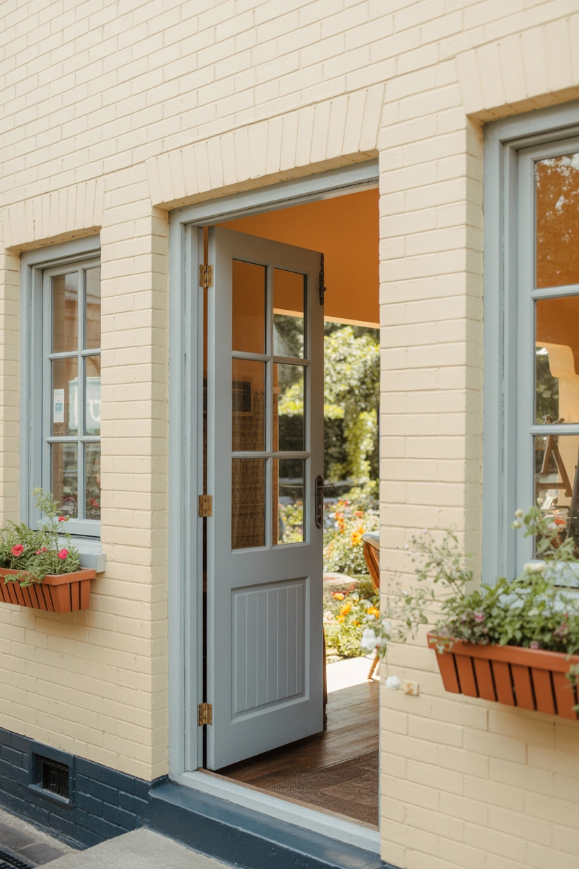 Duck egg blue Dutch-style French patio door with top half open on a cream cottage exterior with flower window boxes
