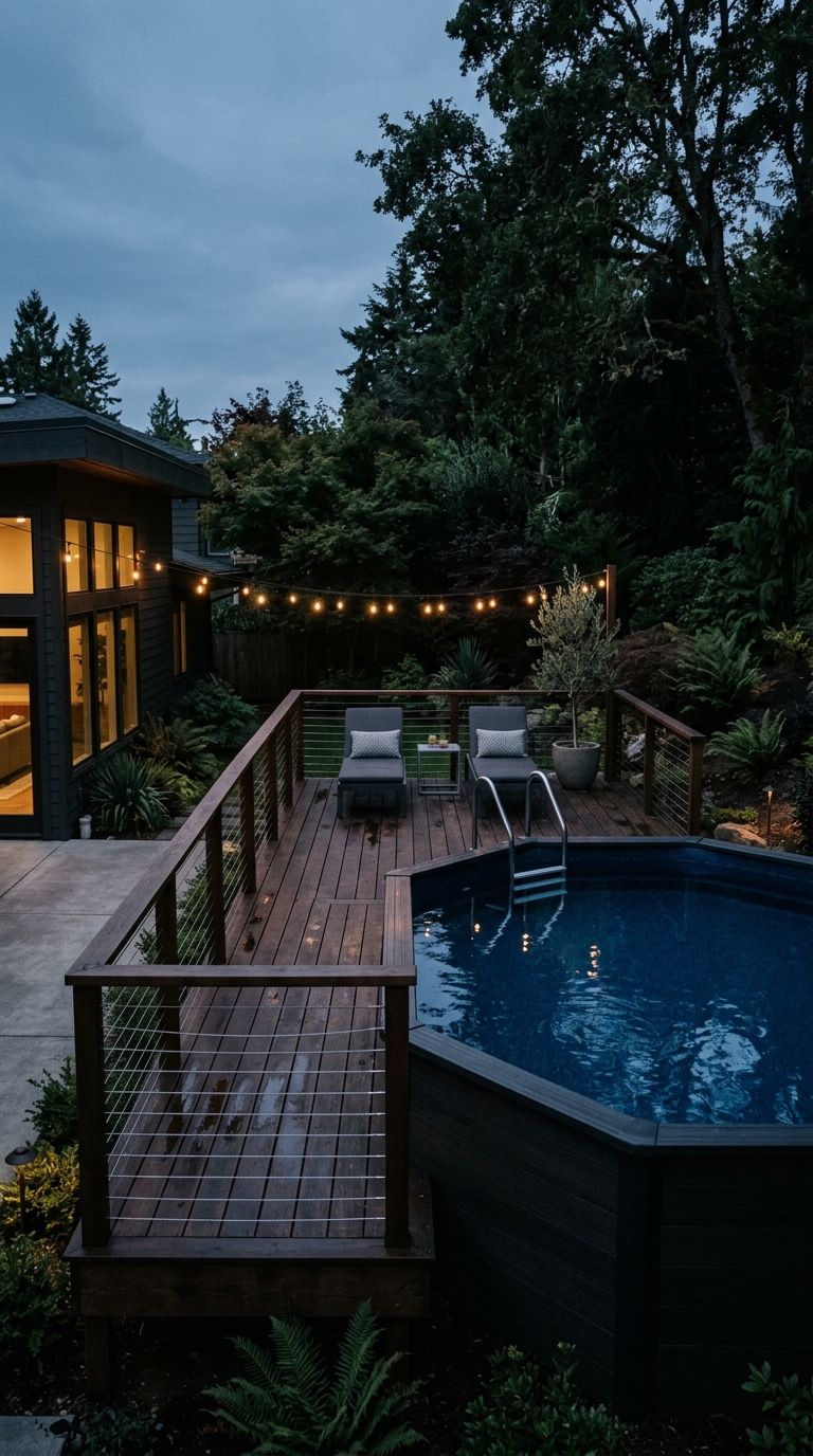 Dark-stained timber deck with cable railings around above-ground pool