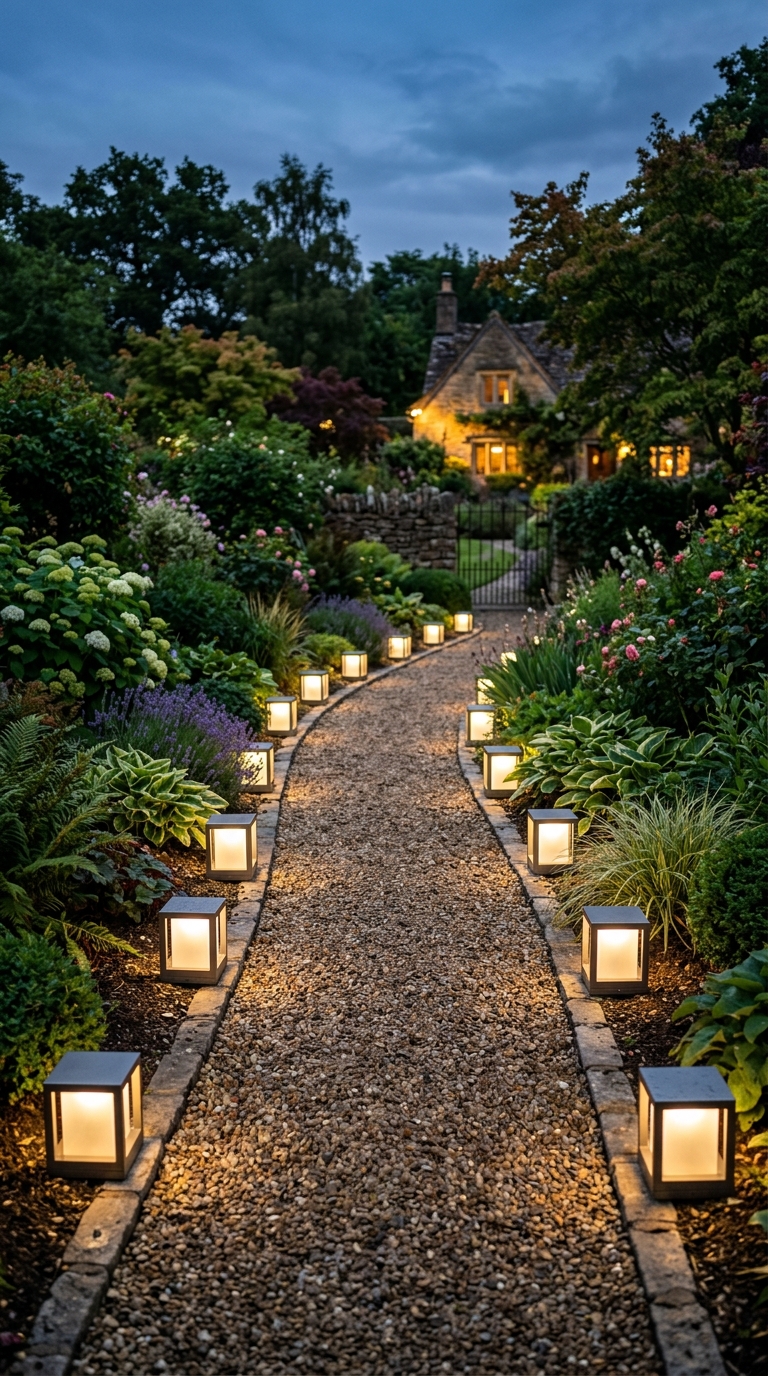 Geometric cube path lights along a gravel garden walkway