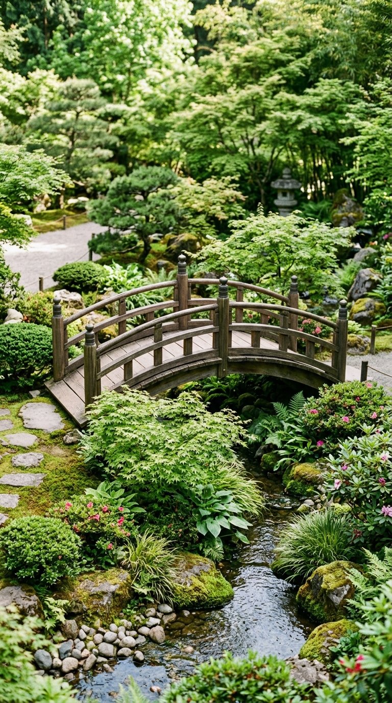 Japanese-inspired wooden bridge walkway in a backyard garden