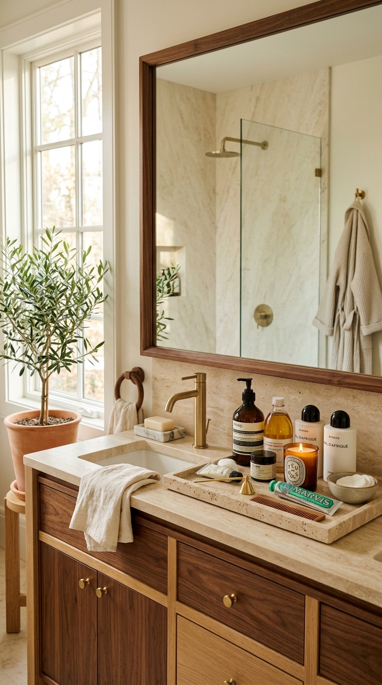 Minimalist bathroom counter with curated products on a white tray showing an organized small bathroom