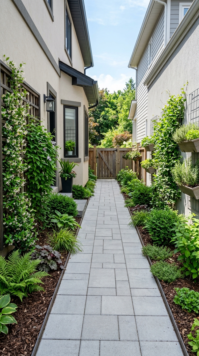 Narrow side yard paver pathway design