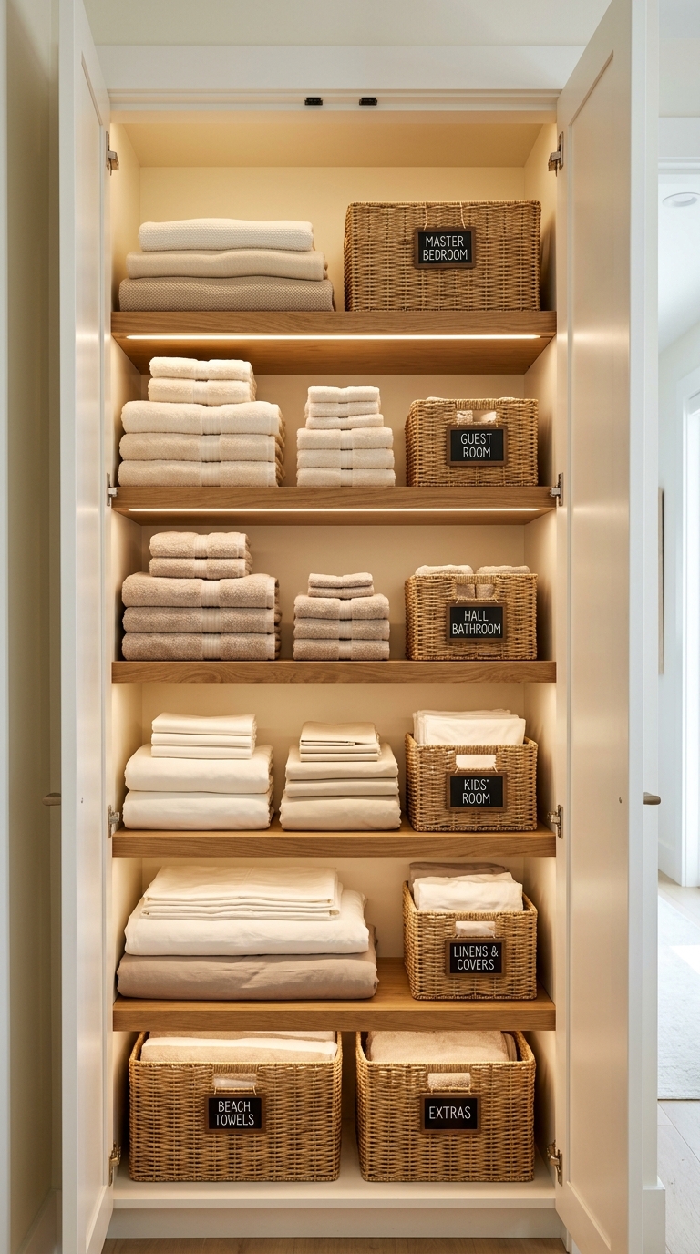 Organized linen closet with dedicated shelves for each room