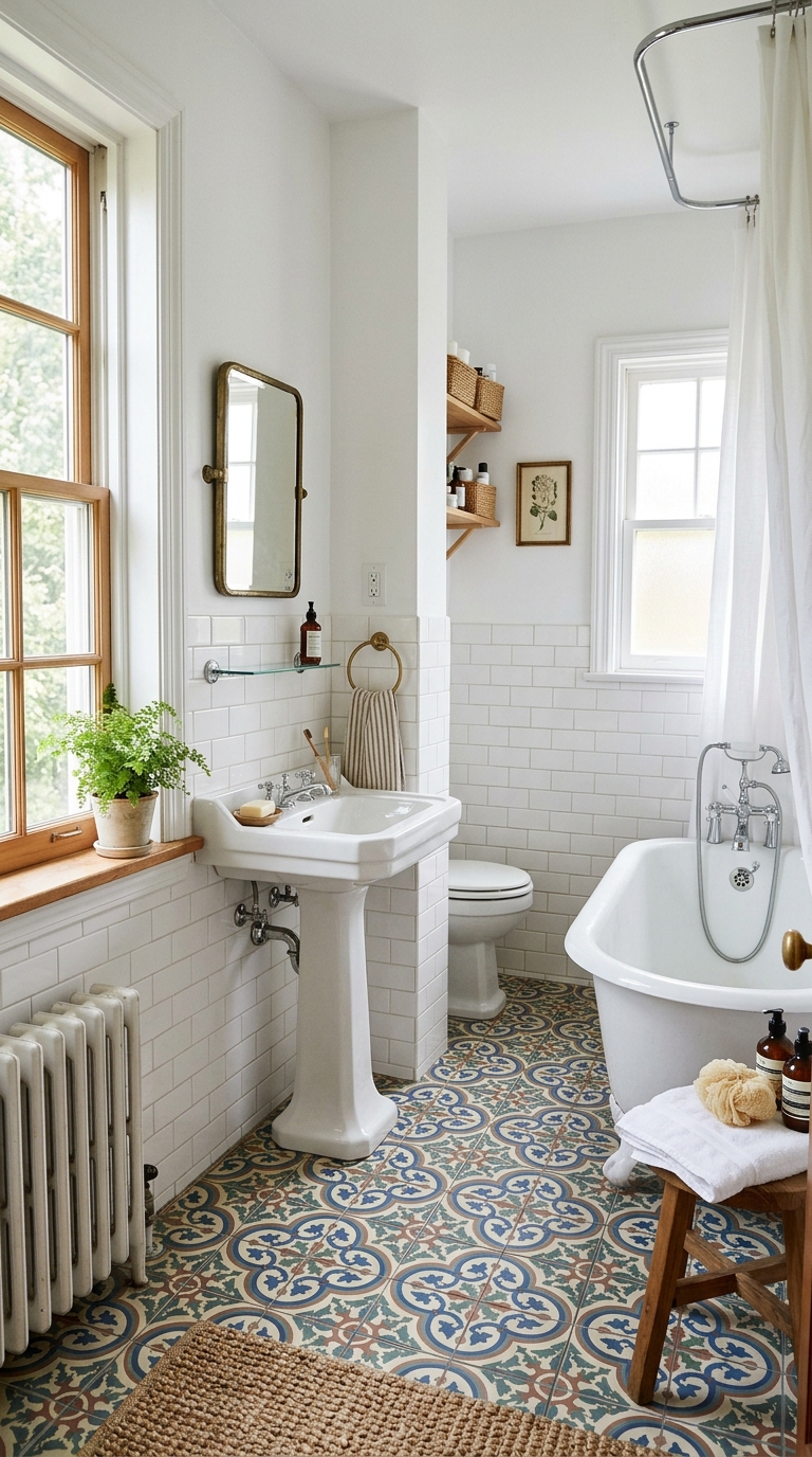 Patterned floor tile idea for small bathroom decor