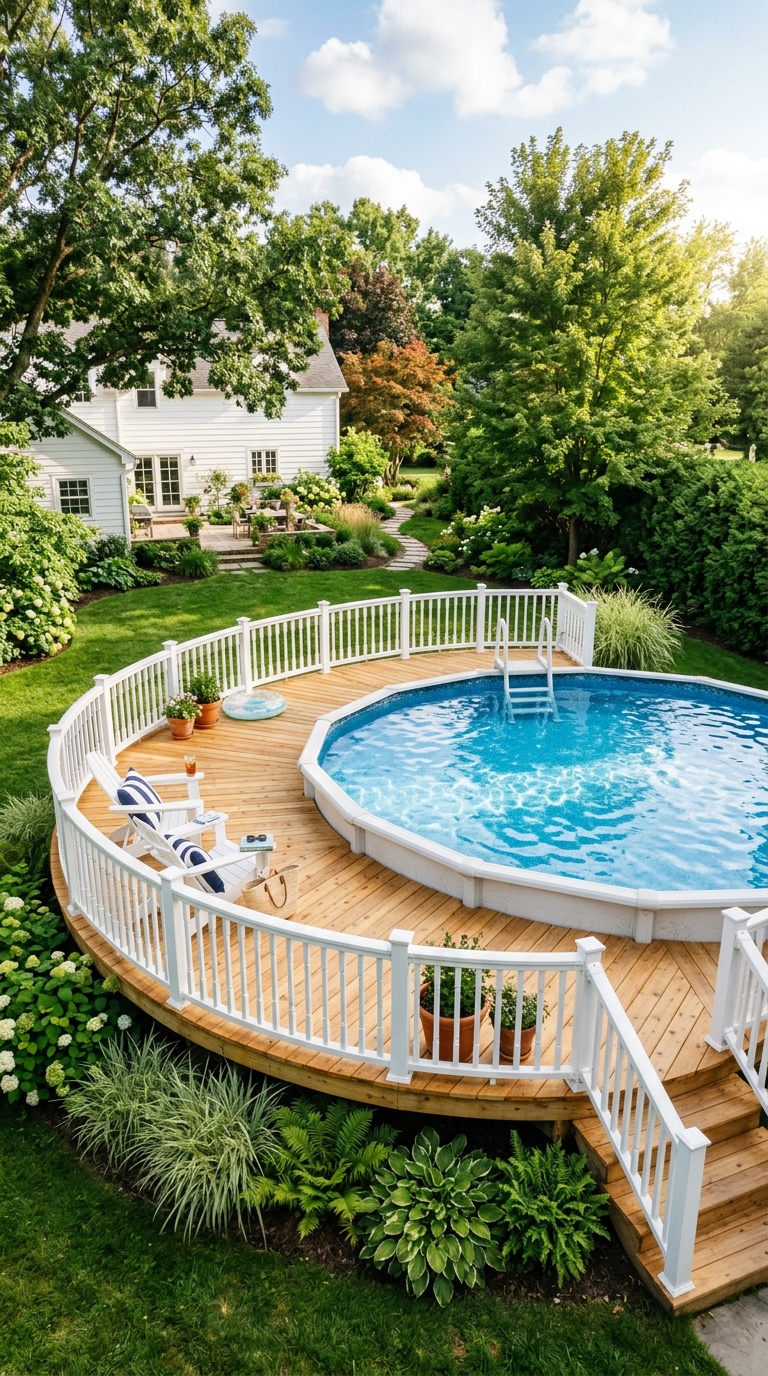 Wraparound timber deck with white railings around above-ground pool in backyard