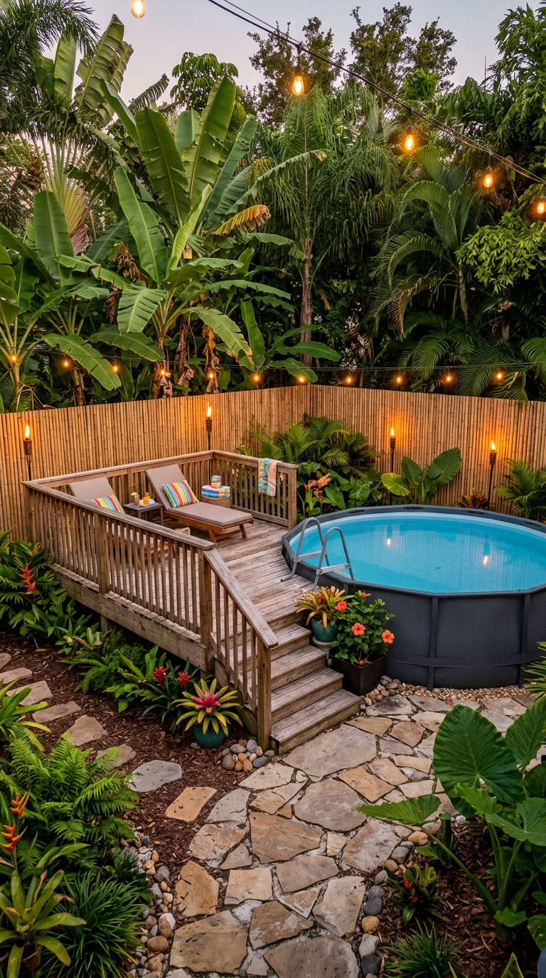 Tropical above-ground pool deck with bamboo privacy screen and lush planting