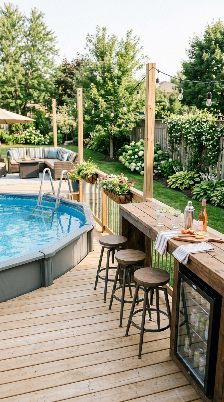 Above-ground pool deck with built-in outdoor bar and counter stools
