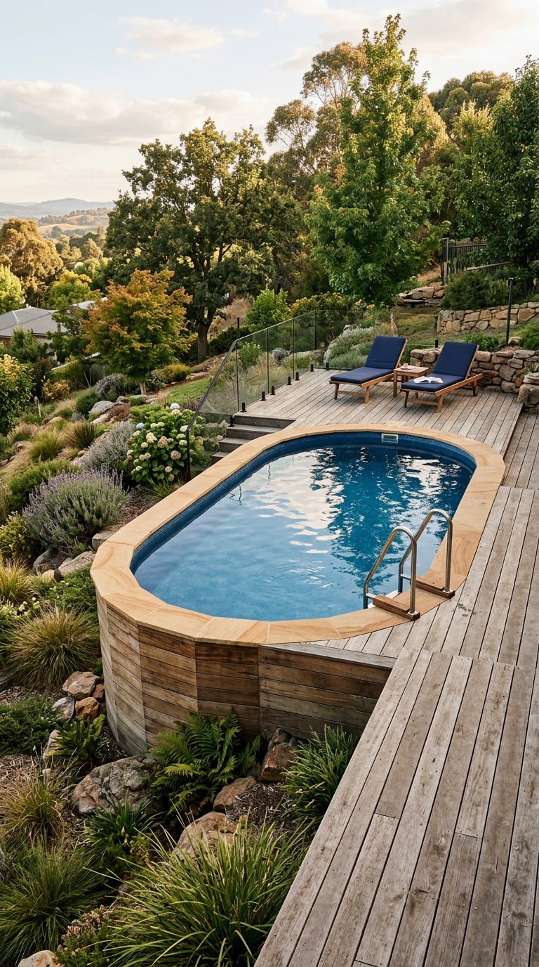 Semi-inground pool with timber deck blend in sloped backyard