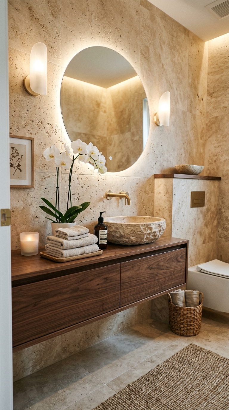 Spa-inspired powder room with travertine tile walls and warm ambient lighting