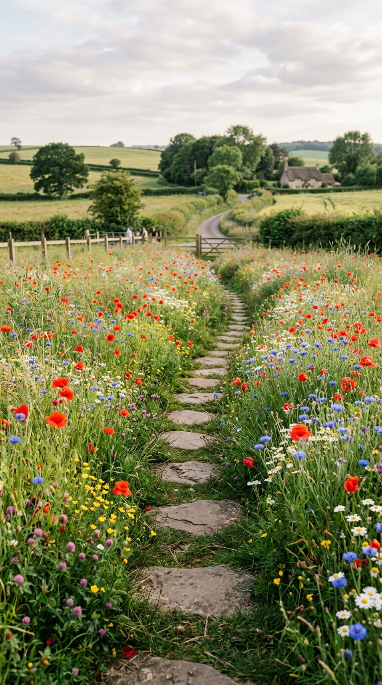 Stepping stone path winding through a colorful wildflower meadow with poppies and daisies