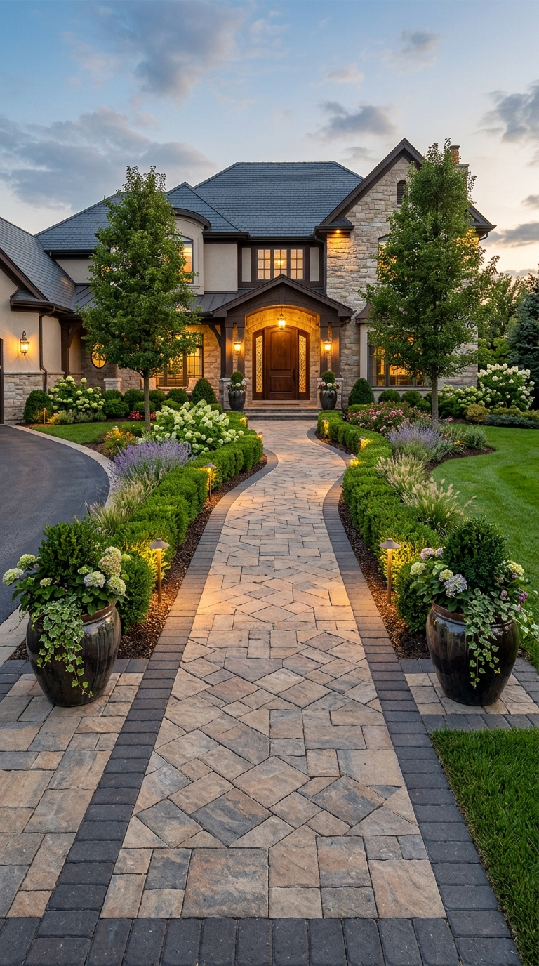 Wide paver walkway with soldier course border