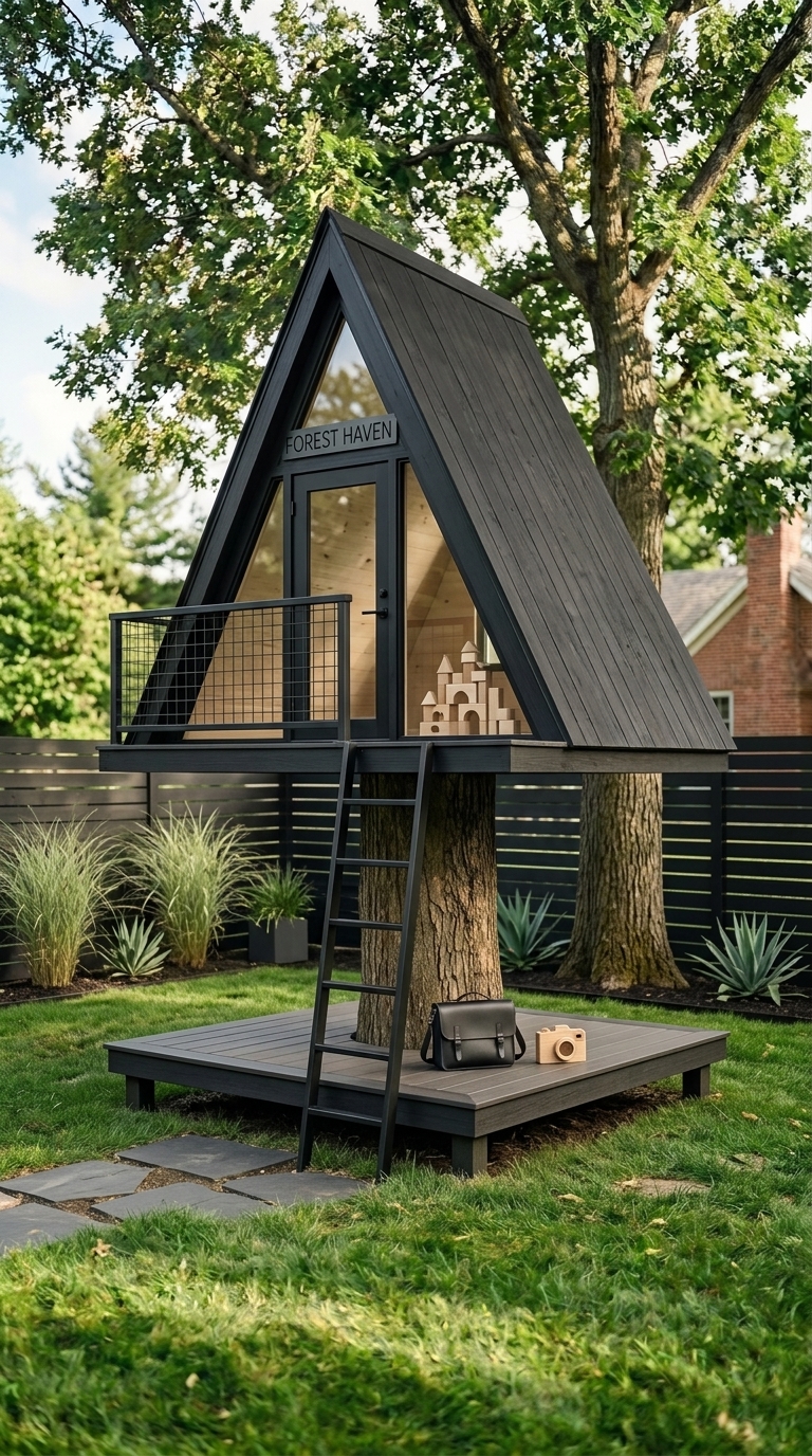 A-frame playhouse backyard play area with modern design