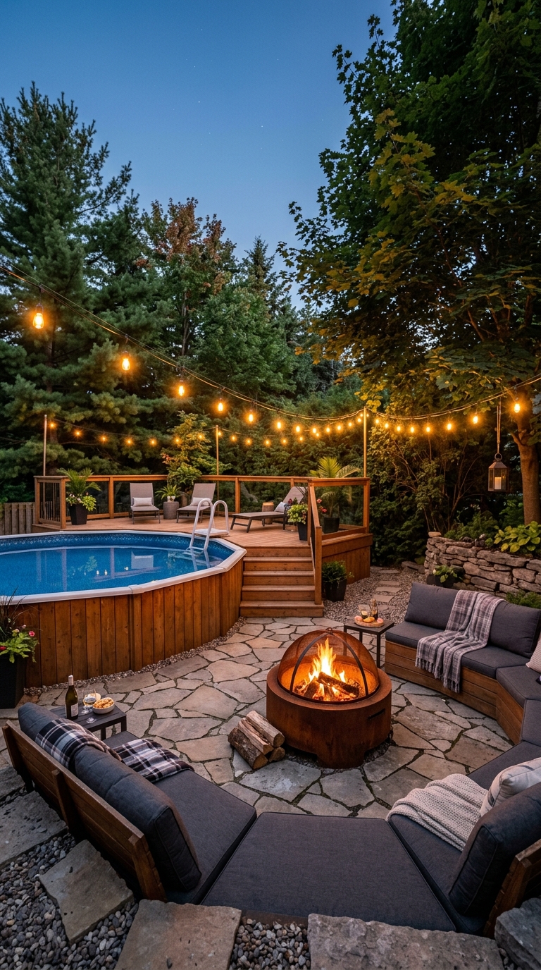 Above-ground pool deck with fire pit zone in backyard