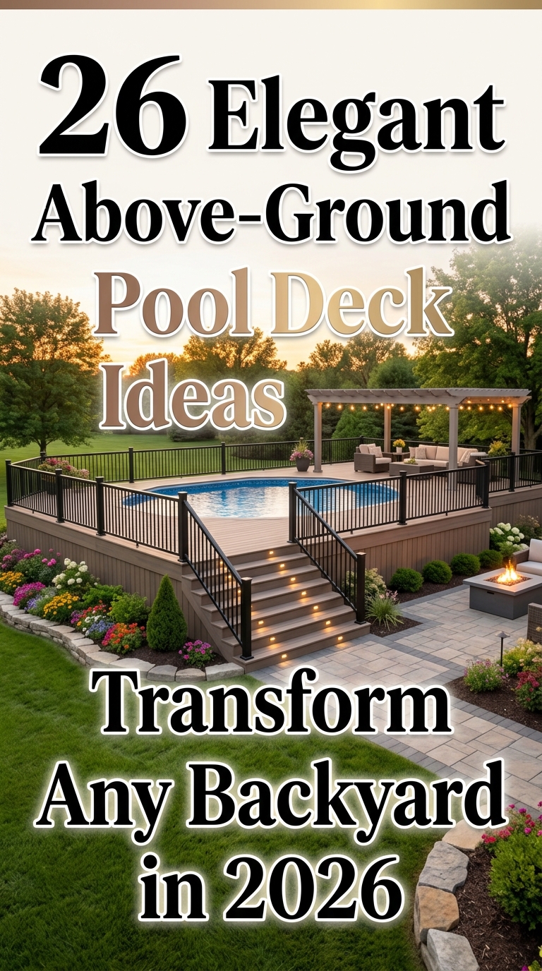 Elegant above-ground pool deck with modern landscaping, cozy outdoor seating, and luxury backyard inspiration.