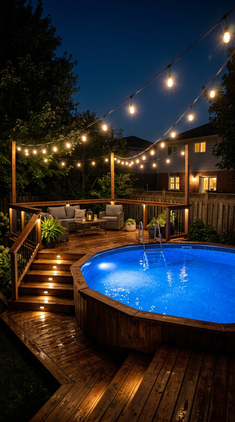 Above-ground pool deck with LED underwater lighting and string lights at night