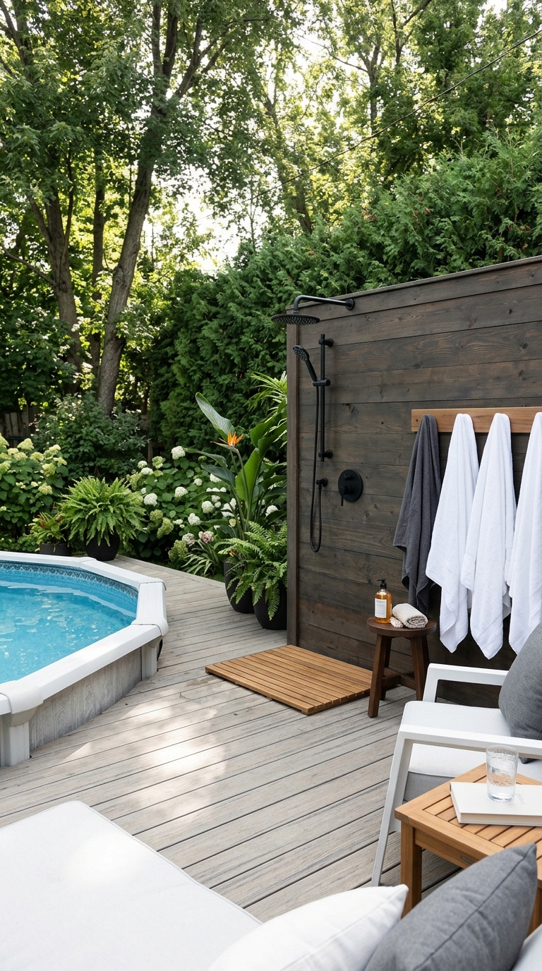 Pool deck with outdoor shower and towel station beside above-ground pool