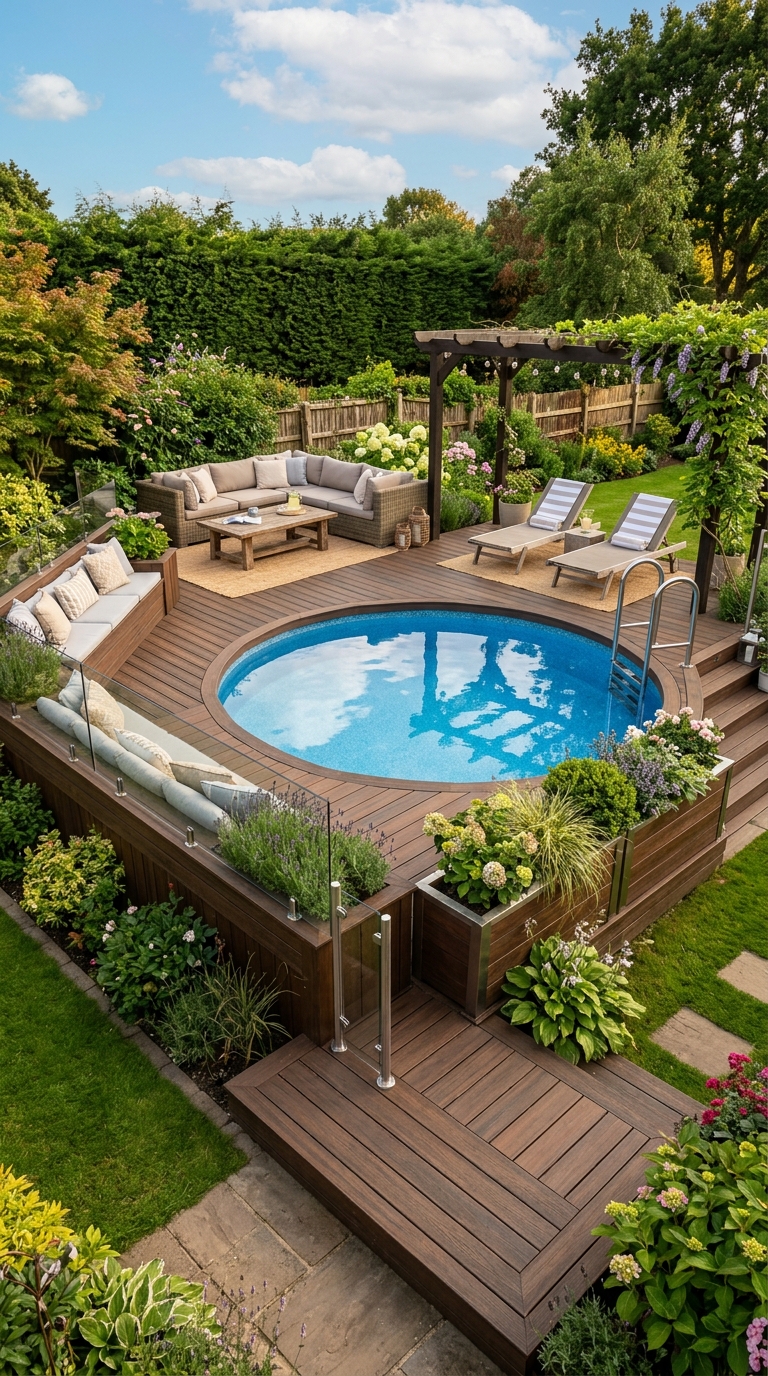 Above-ground pool with beautiful custom wooden deck and seating.