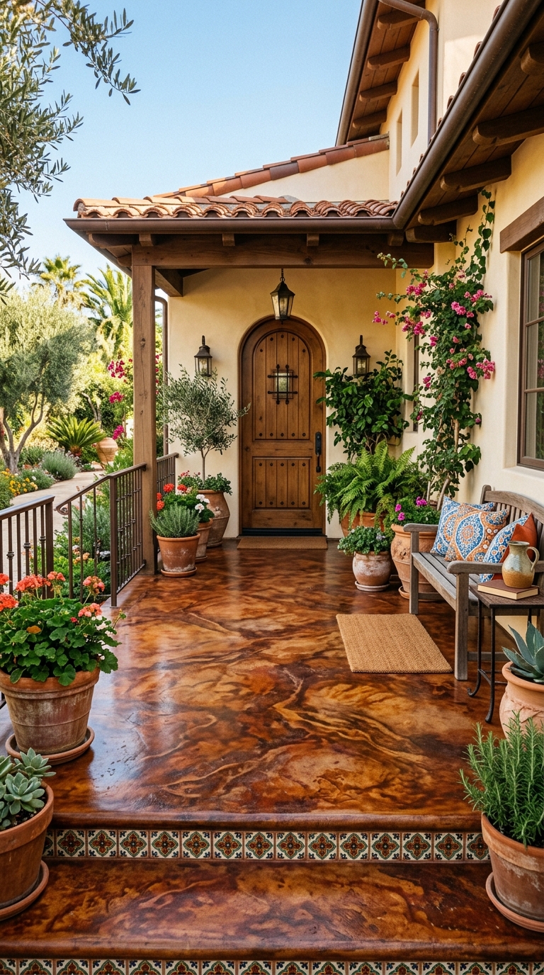 Acid-stained concrete porch floor with warm terra cotta marble effect and terracotta pots