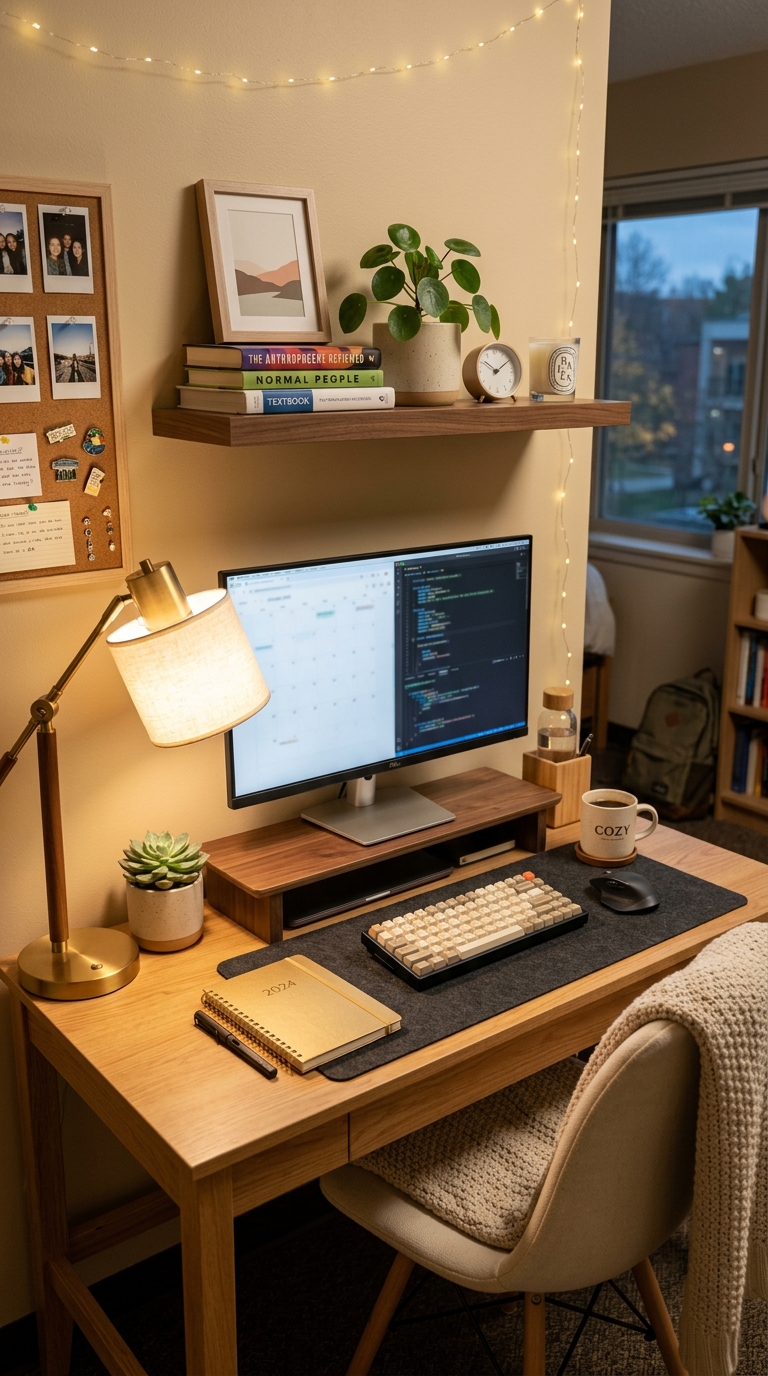 Aesthetic college dorm desk setup with warm lighting, plant, monitor riser, and Pinterest-worthy workspace styling