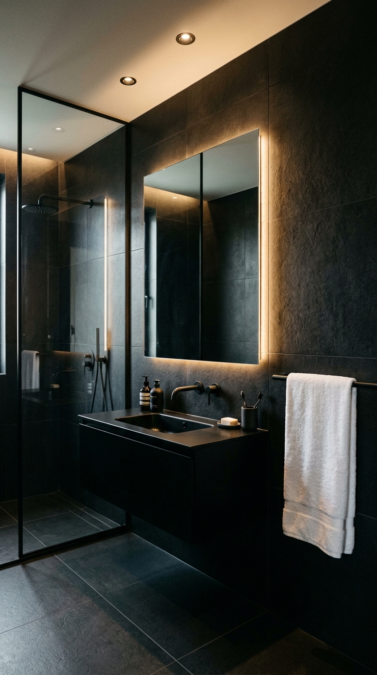All-black matte tile bathroom with warm lighting and a white towel accent