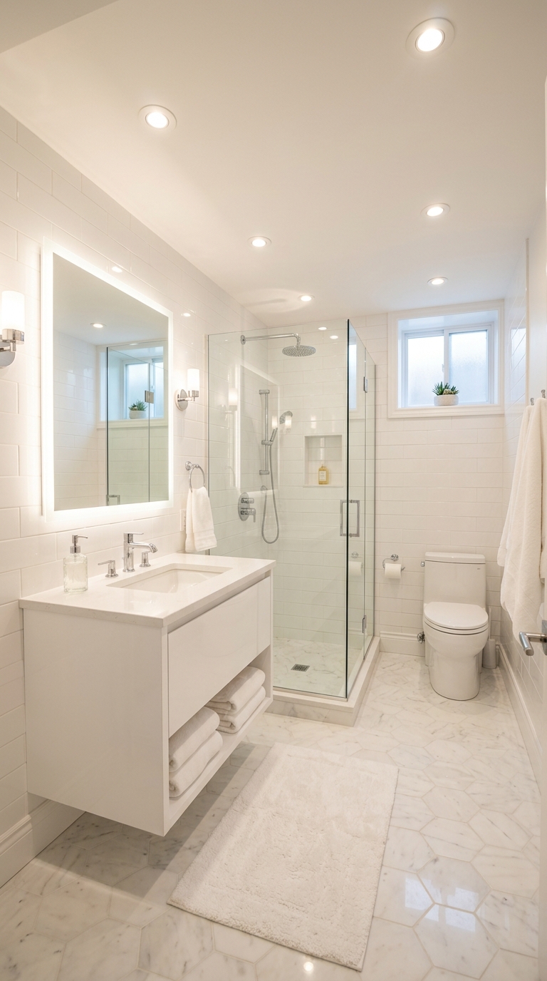 Bright all-white basement bathroom with glossy tile, chrome fixtures, large mirror, and warm recessed lighting