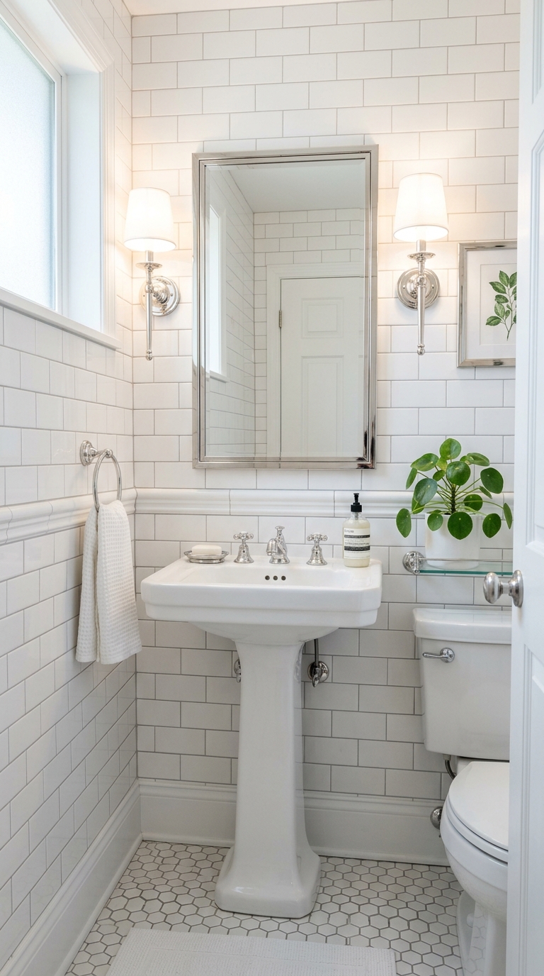 Classic all-white powder room with subway tile and chrome fixtures