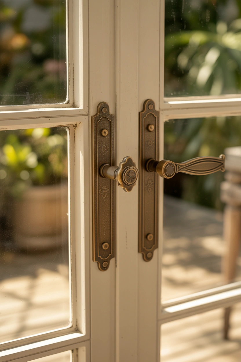 Close-up of antique brass lever handle and escutcheon plate on a white French patio door with garden visible through glass