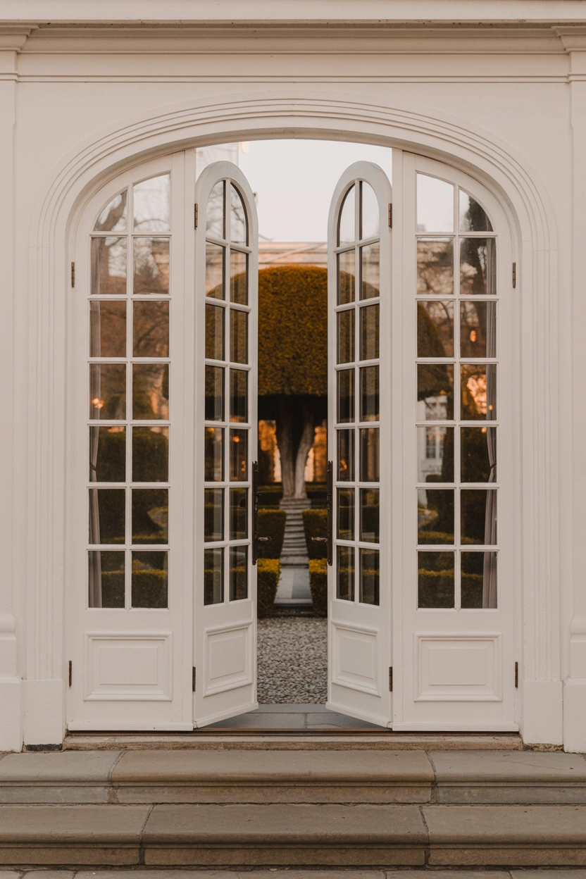 Tall arched white French patio doors opening onto a formal topiary garden in a classic Georgian-style exterior