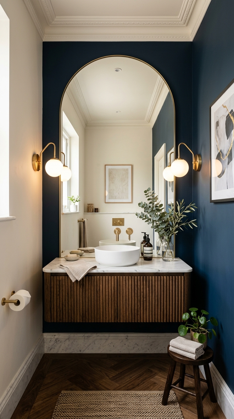 Powder room with oversized arched mirror and flanking sconce lighting