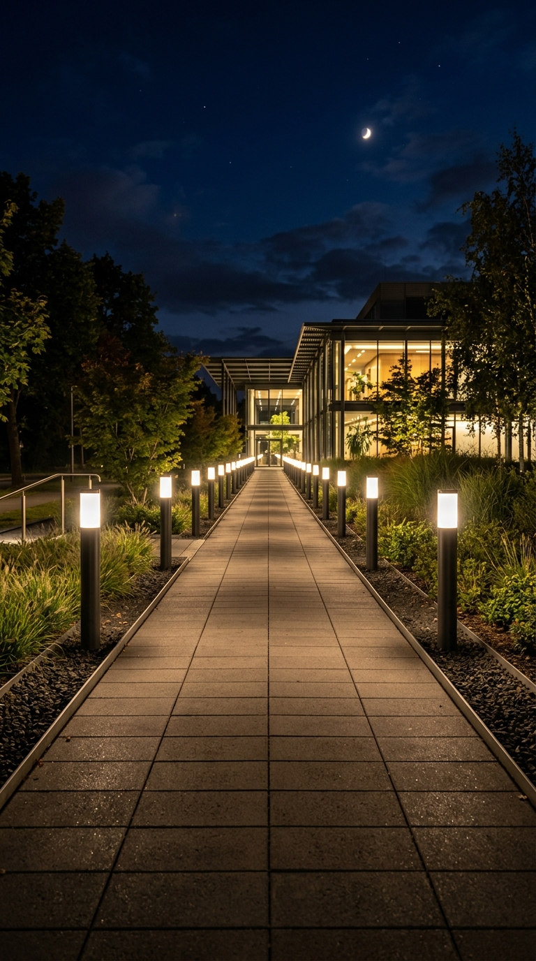 Architectural pillar lights lining a modern walkway