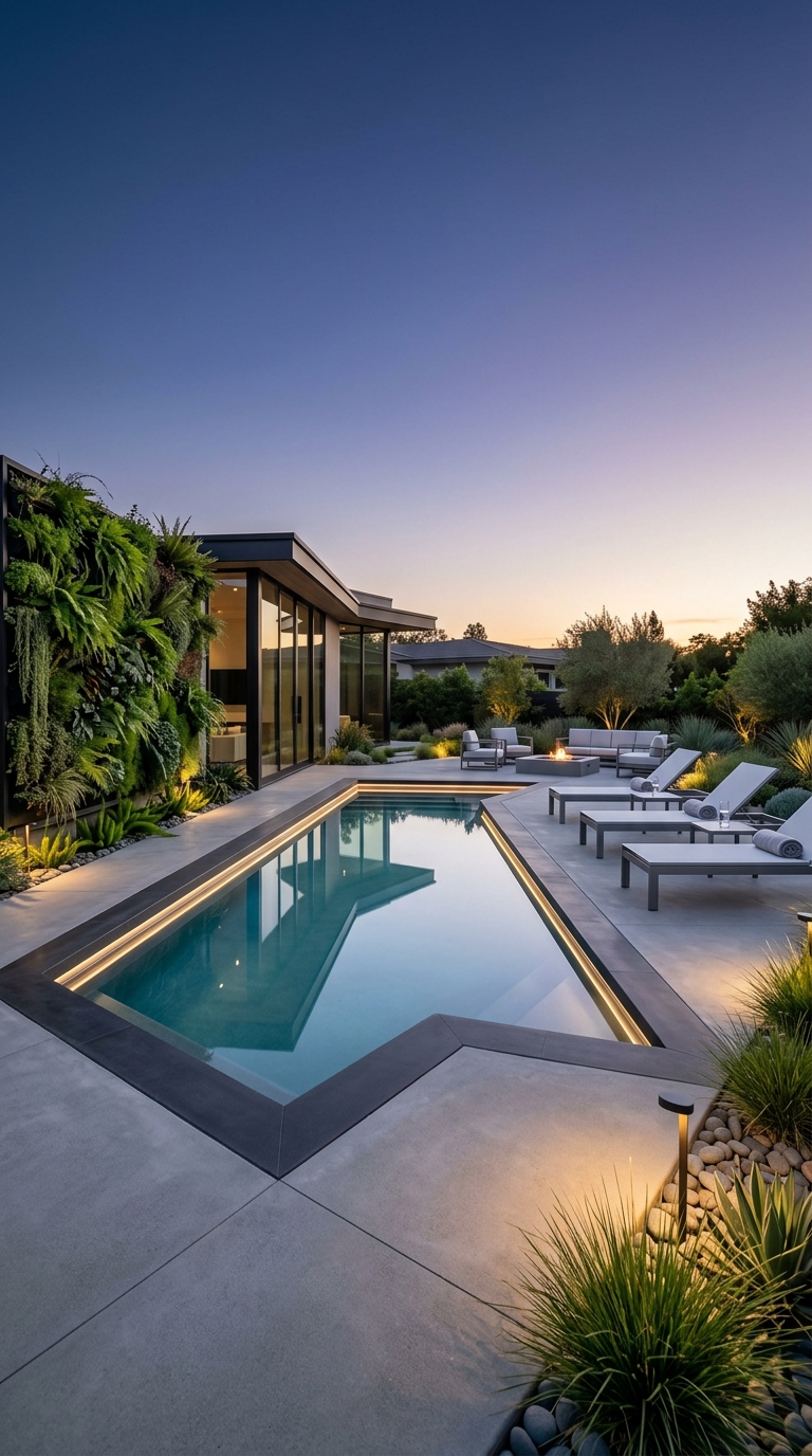 Modern luxury swimming pool with recessed LED lighting, clean architecture, and elegant evening ambiance