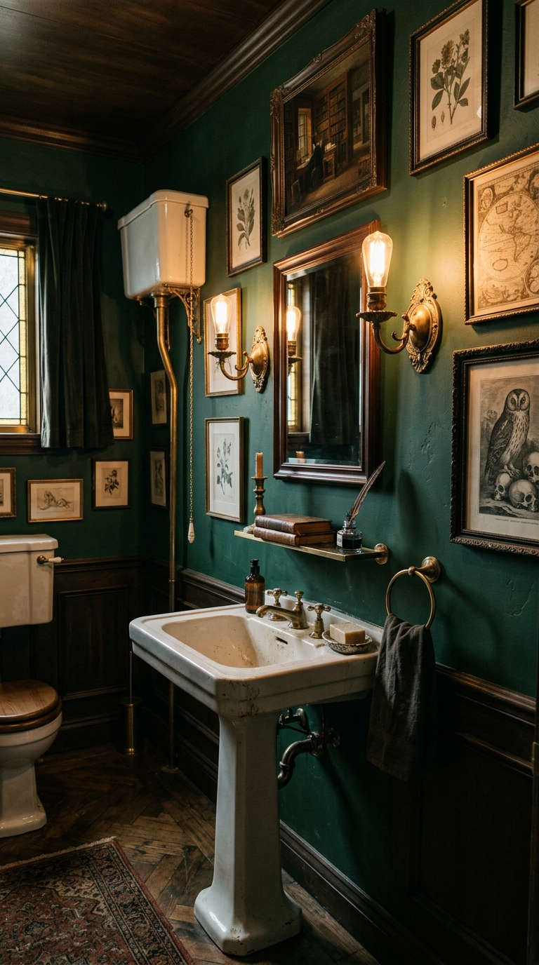 Dark academia powder room with deep green walls and antique brass fixtures
