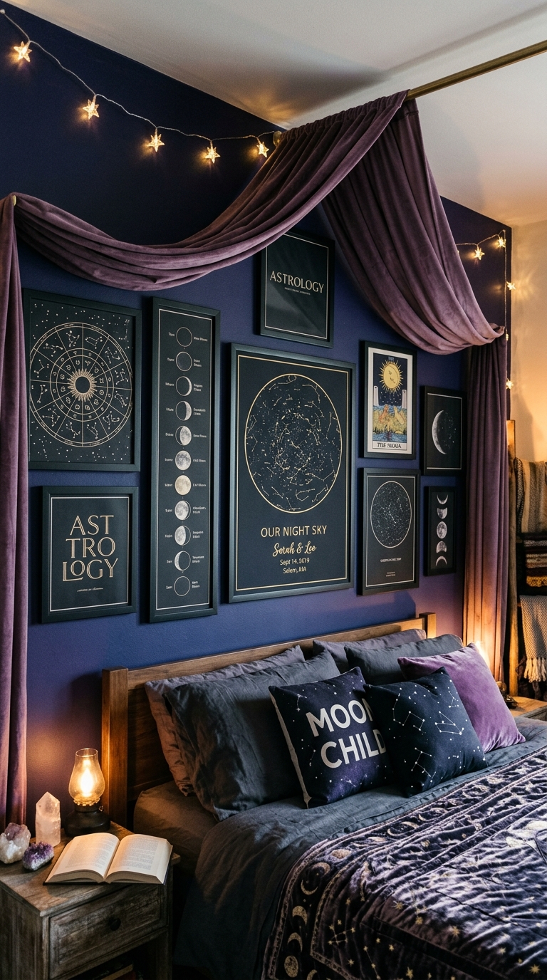 Astrology witchy bedroom with zodiac gallery wall in matte black frames on indigo wall, personalized star map centerpiece, dusty purple velvet canopy, and silver constellation lights