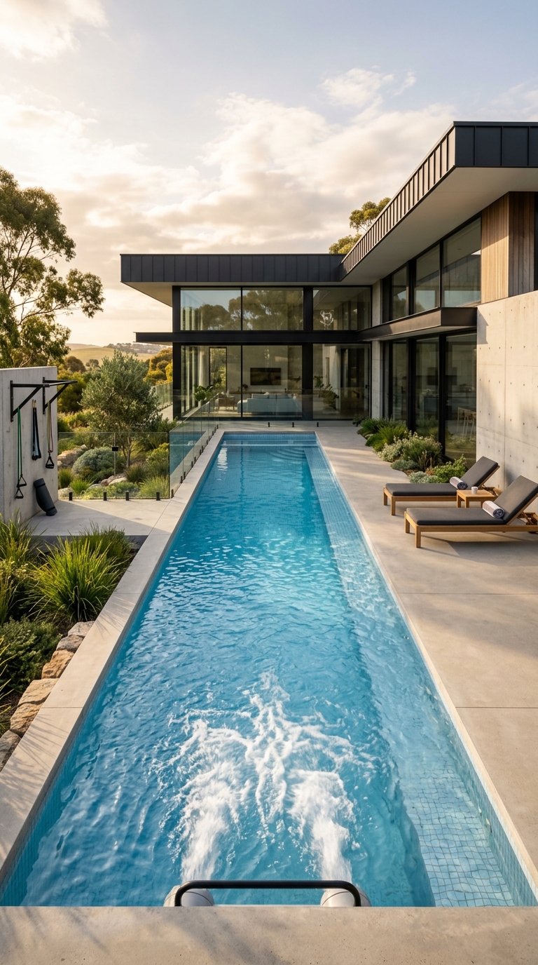 Modern endless pool with swim jet system in a compact backyard