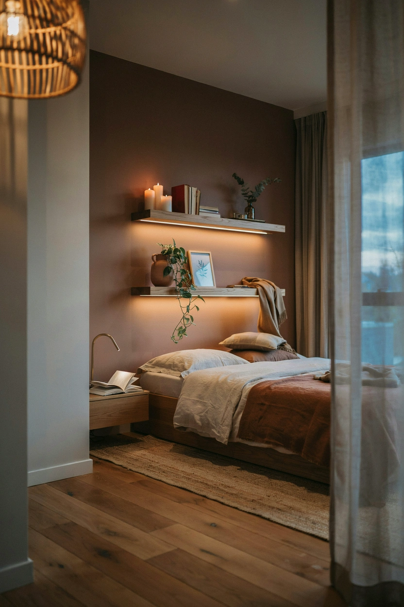 Brown bedroom wall with warm backlit floating shelves styled with a candle and a plant, adding depth and ambient light to a small room