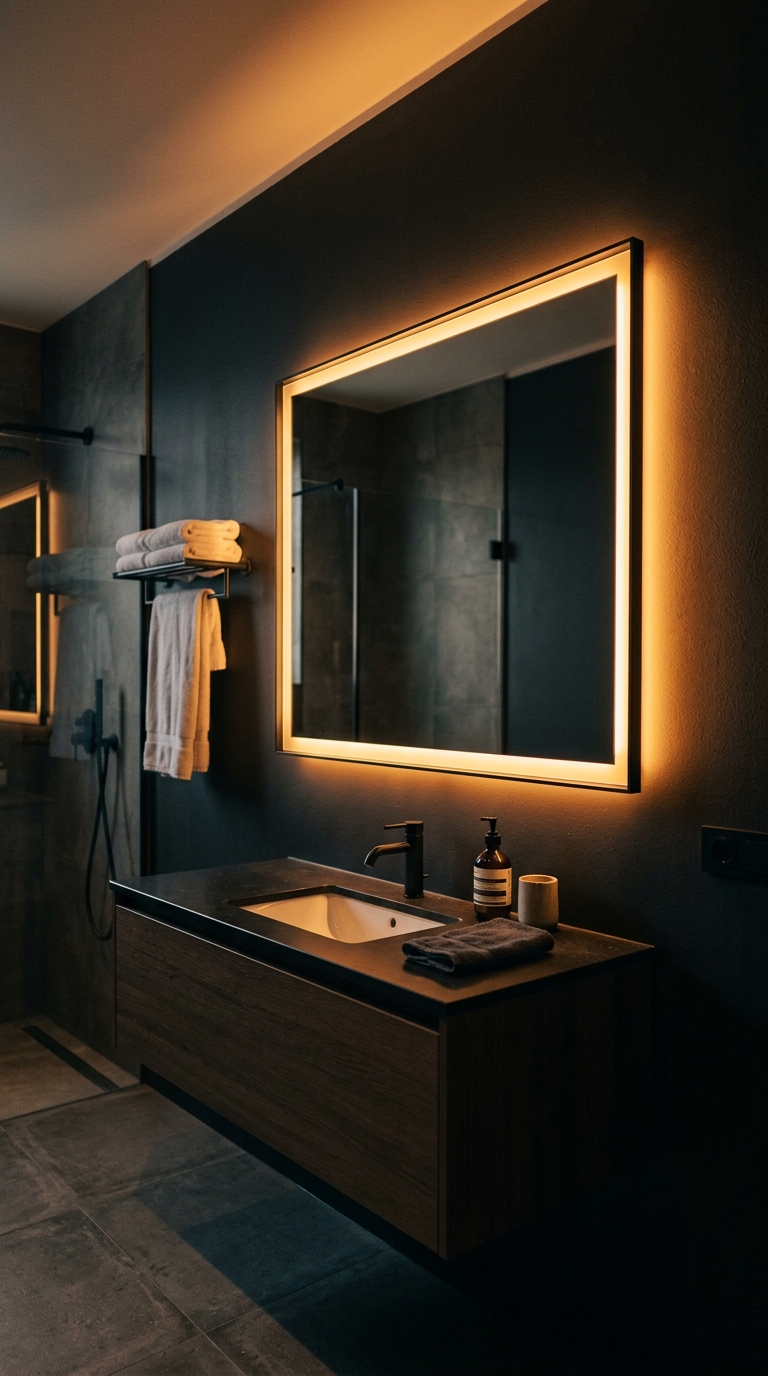Backlit LED mirror with warm amber glow against dark bathroom wall