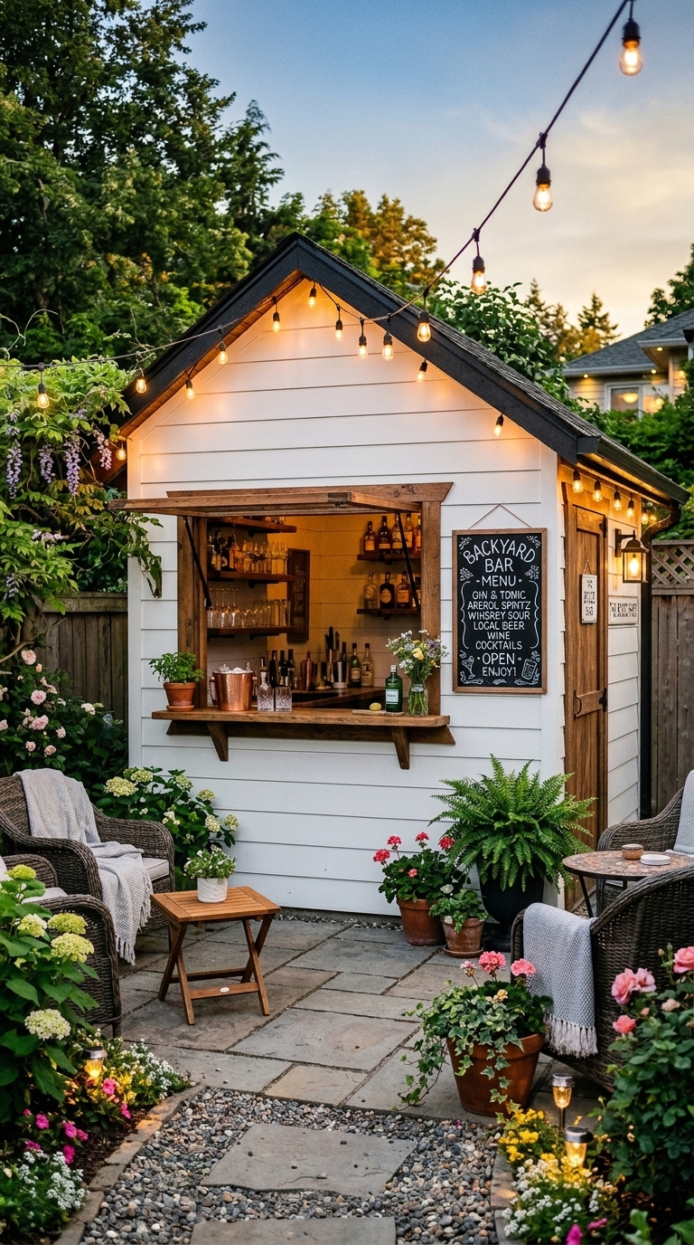 Backyard bar shed with white shiplap cladding, fold-down serving window, chalkboard sign, and string lights in a cozy outdoor entertaining setup