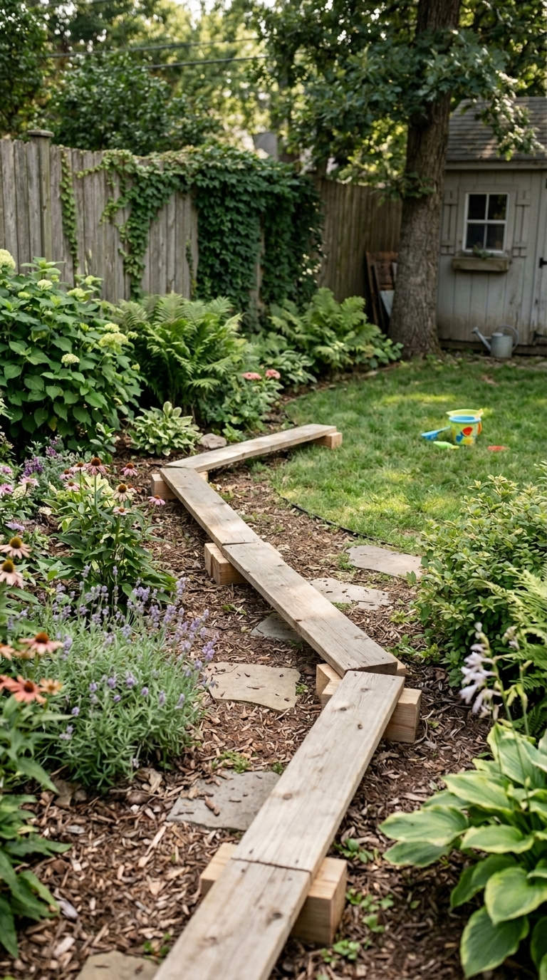 Balance beam path, backyard play area for kids
