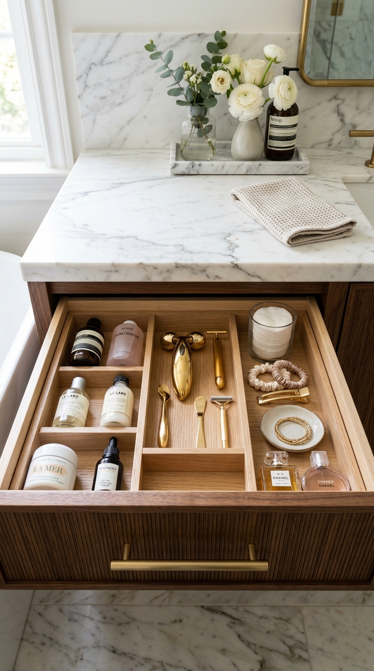 Bamboo bathroom drawer organizer with divided sections for daily toiletries and small accessories