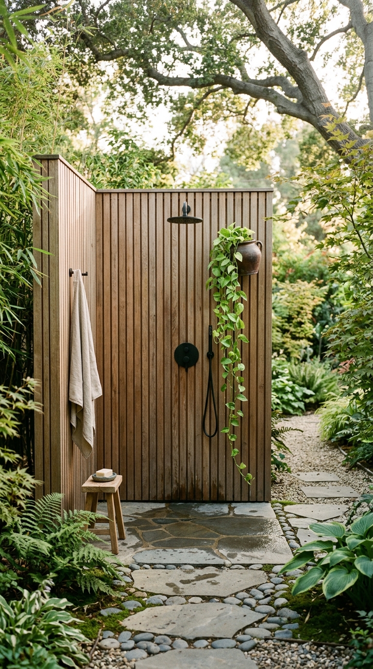 Bamboo screen outdoor shower privacy idea with eucalyptus bundle