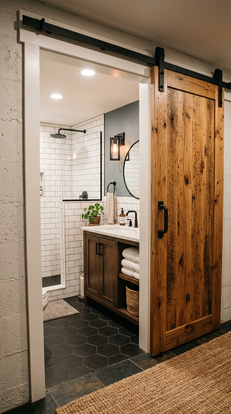 Basement bathroom with natural wood sliding barn door and matte black hardware