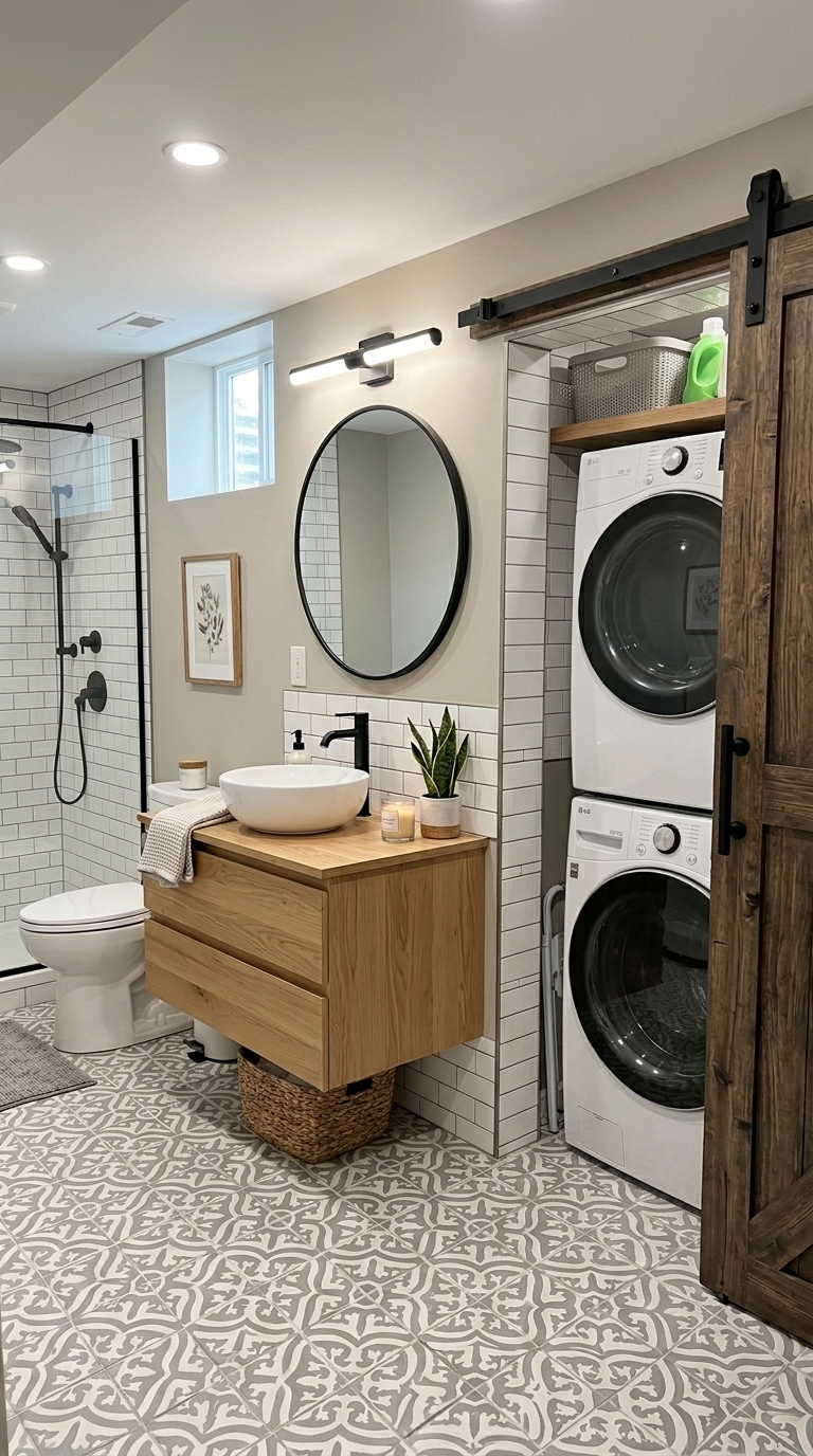 Basement bathroom laundry combo with stacked washer dryer behind barn door and matching tile throughout