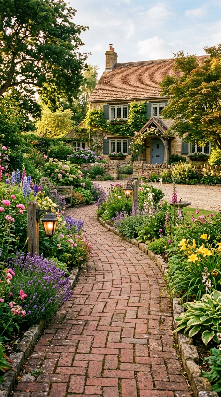 Basketweave brick walkway in landscaped garden