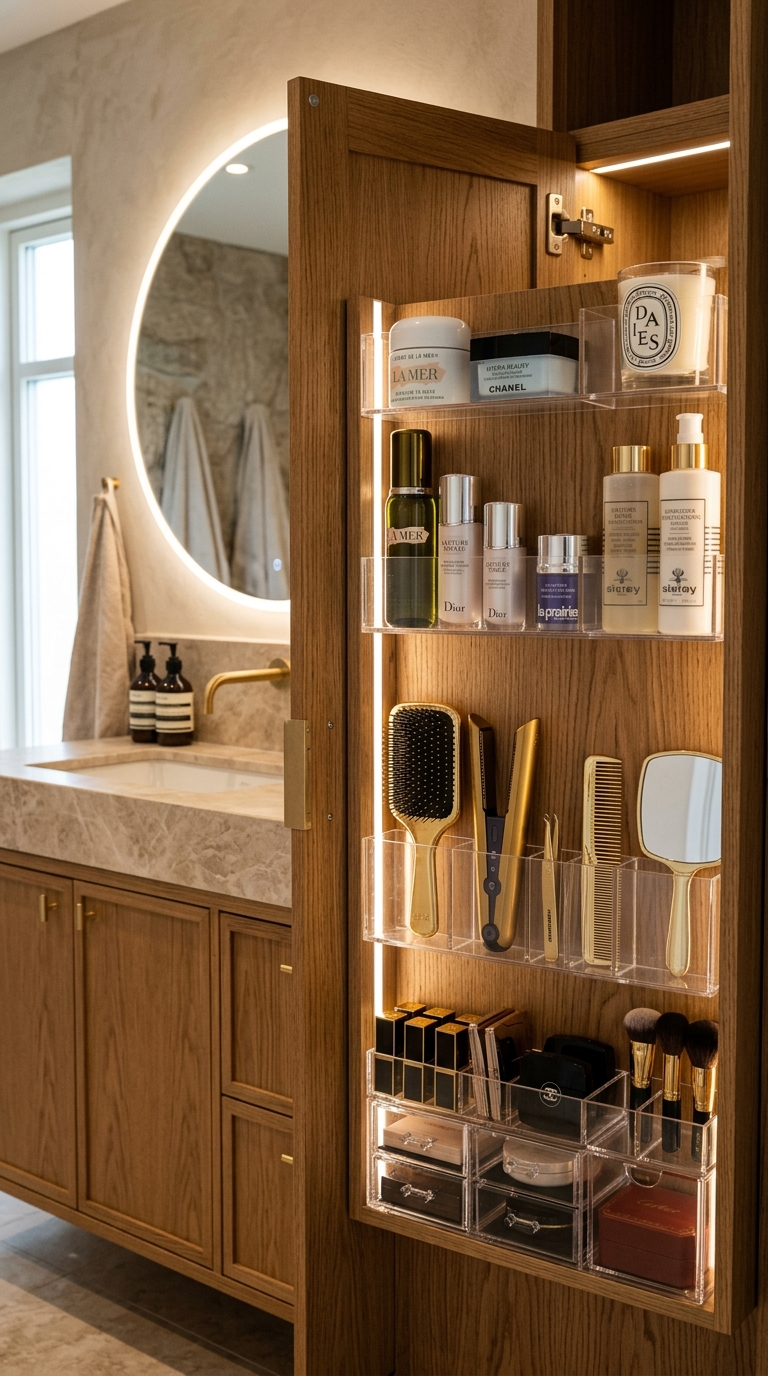 Inside bathroom cabinet door with clear organizer pockets for small space storage