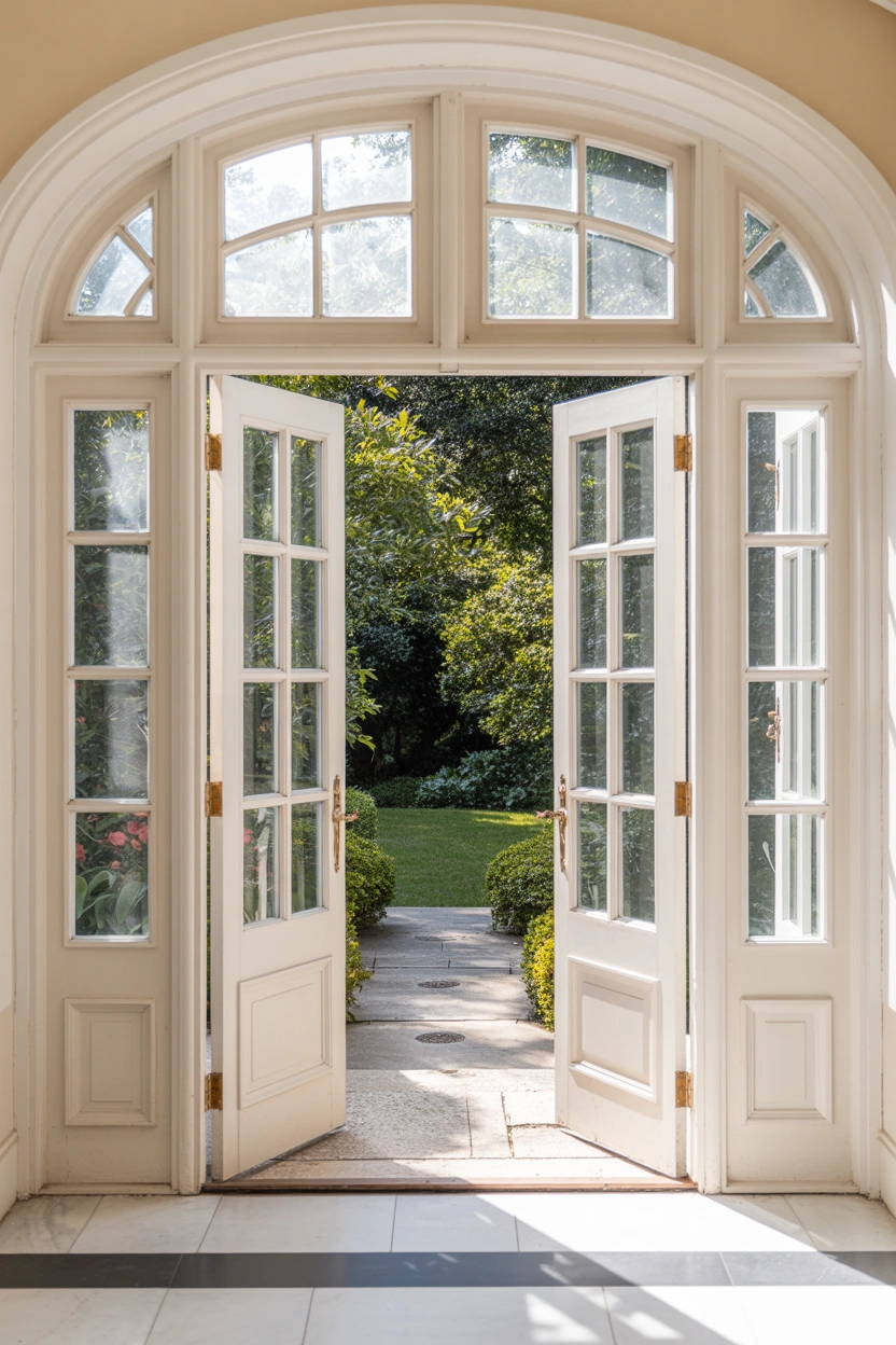 Bifold French patio doors fully open, connecting a modern kitchen to an outdoor garden dining area on a sunny afternoon