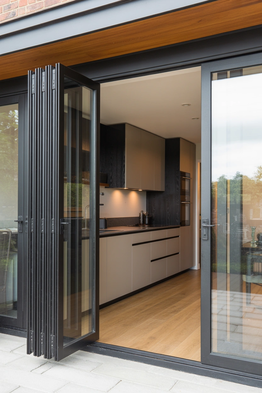 Two-panel bifold patio door in a small kitchen opening fully onto a sunny outdoor patio