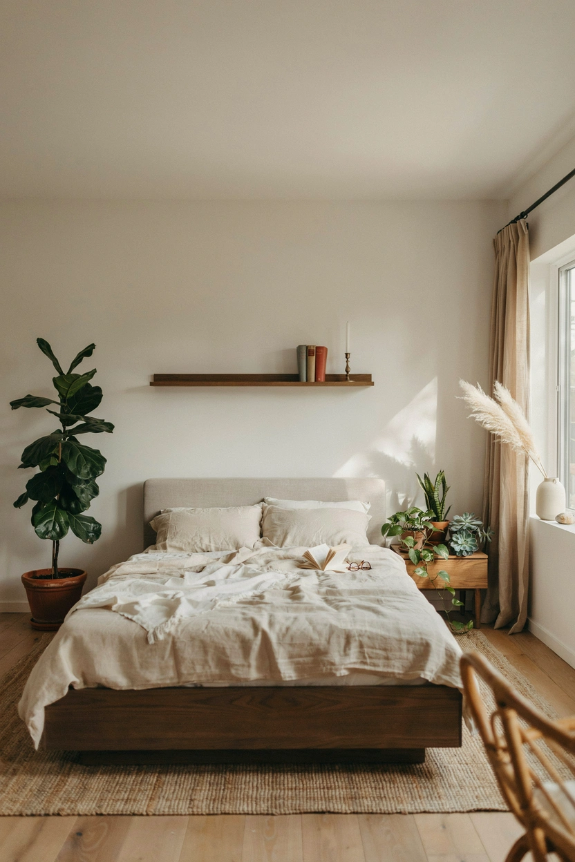 Biophilic earthy bedroom with live plants in terracotta pots — nature-inspired bedroom decor idea with monstera and pothos